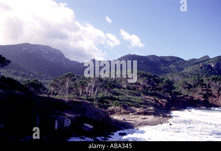 1996 MALLORCA The rugged Tramuntana mountains and tree covered northern coast on the Spanish island of Mallorca Stock Photo