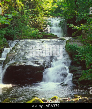 Double waterfall at Watersmeet with large black rock in centre of lower falls on Exmoor North Devon England Stock Photo