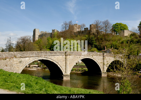 Dinham Bridge over River Teme with Ludlow castle, Shropshire UK Stock Photo