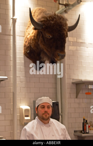 meat department butcher bison buffalo mounted head Dean & Deluca specialty food store NYC Stock Photo
