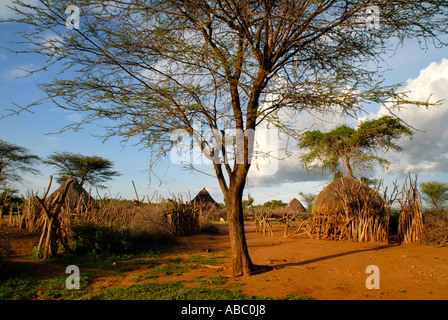 Aboriginal Hamar village in the savannah near Turmi Ethiopia Stock Photo