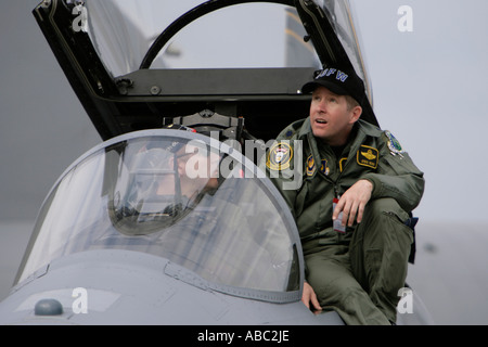 American Air Force pilots inside cockpit of a jet fighter during ILA 2006 in Berlin Stock Photo