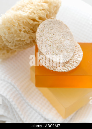Sponge fruit soaps exfoliating pads and waffle towel - high end Hasselblad 61mb digital images Stock Photo