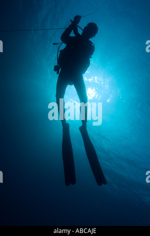 One scuba diver underwater near the Baa Atoll, Maldive Islands. Stock Photo