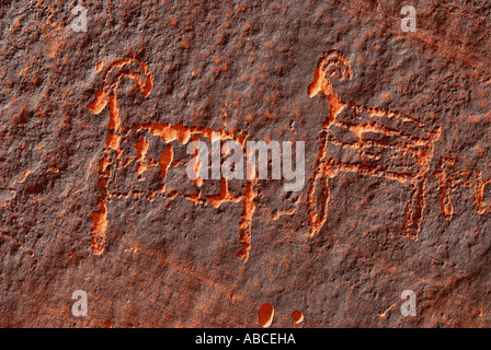 petroglyph goat figures Indian amerindian historic rock art drawing Glen Canyon Arizona Colorado River Stock Photo