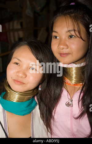 Young Karen longneck women in refugee village near Burmese border outside Mae Hong Son north Thailand