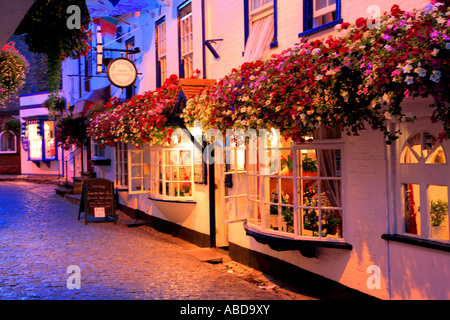 Cobbled street and shops on Quay hill, Lymington Harbour, Hampshire; England; Britain; UK Stock Photo