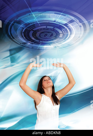 Woman touching a virtual screen Stock Photo