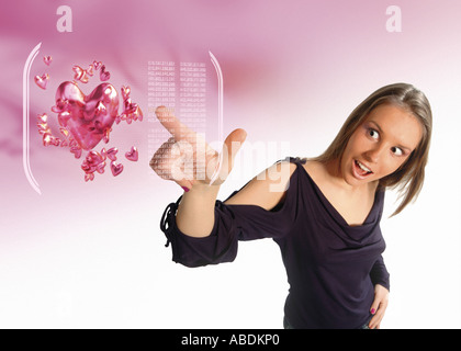 Woman touching a virtual interface window Stock Photo