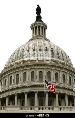 Close Up of the Front View of the United States Capitol Building with the  American Flag oUSA Flying in the Breeze Stock Photo