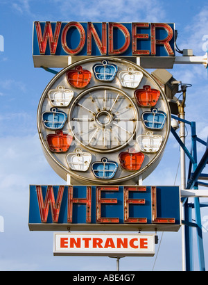 Wonder Wheel sign for the old ferris wheel ride at Astroland Park in Coney Island New York Stock Photo