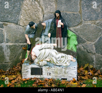 The ninth stage of the cross at a replica of the Vatican gardens at a church in Bridgeport Connecticut Stock Photo