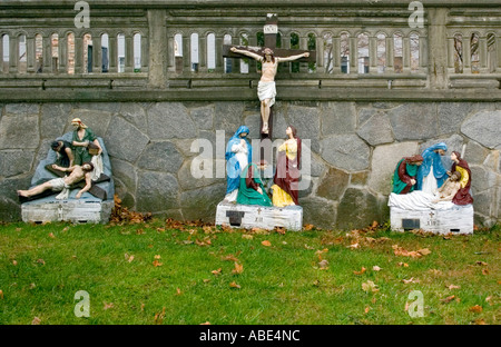 Three stages of the cross at a replica of the Vatican gardens at a church in Bridgeport Connecticut Stock Photo