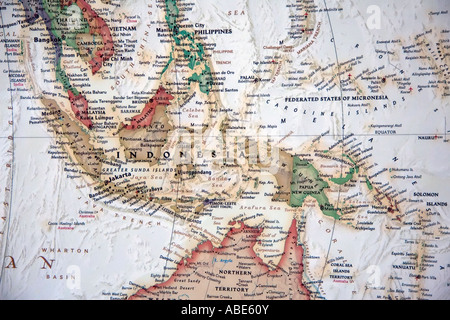 A view of Indonesia and the surrounding region on a fine, detailed and colorful World map. Stock Photo