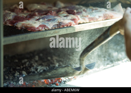 Meats grilling in wood oven, person shoveling ashes Stock Photo