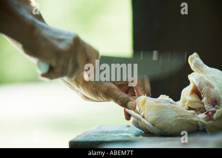 Man cutting up chicken, blurred motion, close-up Stock Photo