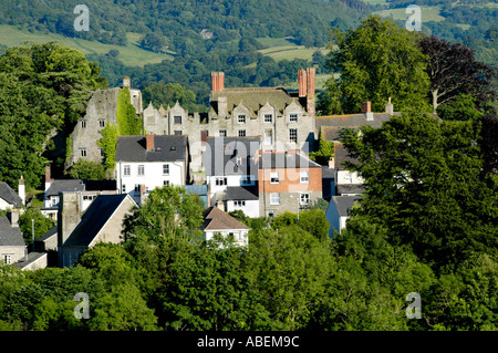 View over Hay on Wye Powys Wales UK in the early evening light with the Jacobean Hay Castle at the centre of the town Stock Photo