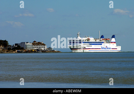 The Barfleur Brittany Ferries car and passenger ferry entering Poole Harbour Dorset, Britain, UK, Sandbanks Hotel on left Stock Photo