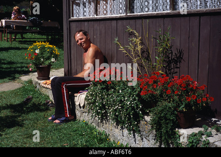 Retired Czech Man aged 65 relaxes at country cottage Lake Lipno Southern Bohemia Czech Republic europe eu Stock Photo