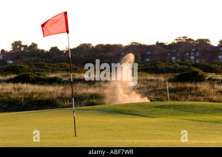 Golf shot taken and landing in the bunker Stock Photo