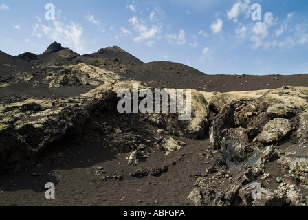 dh Timanfaya National Park TIMANFAYA LANZAROTE Lichen smooth lava flow producing tunnel magma rock basalt igneous rocks volcano landscape volcanic Stock Photo