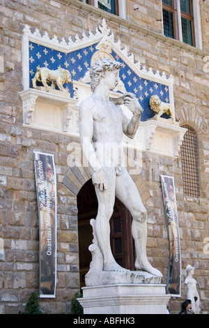 (Copy of) Michelangelo's David by the entrance of the Palazzo Vecchio, Florence, Tuscany, Italy, Europe, Stock Photo