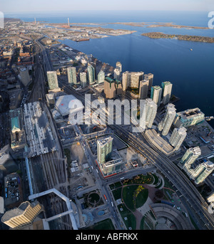 Aerial view of Toronto Union Station and Harbourfront Toronto Islands and horizon of Lake Ontario from CN Tower Stock Photo