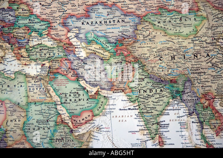 A view covering many nations, including China, the Middle East and Africa on a fine, detailed and colorful World map. Stock Photo