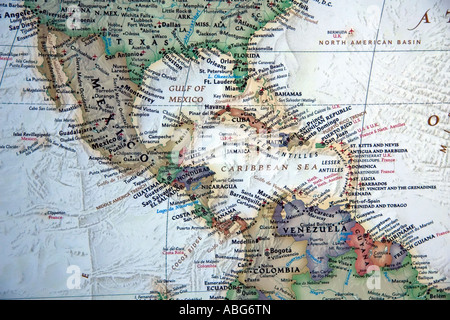 A view of Central America and the surrounding region on a fine, detailed and colorful World map. Stock Photo