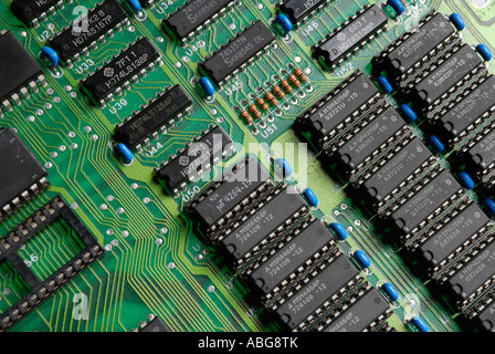 Computer chip microprocessors and memory chops on a printed circuit board Stock Photo