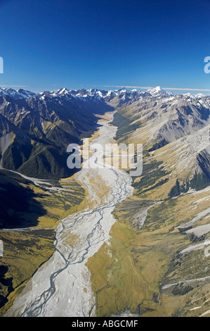 Dobson River and Aoraki Mt Cook South Island New Zealand aerial Stock Photo