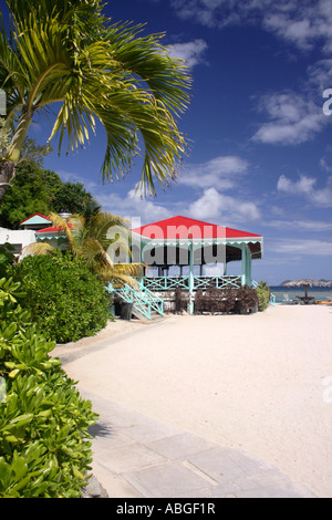 View of Pussers restaurant from shore on marina cay BVI Stock Photo