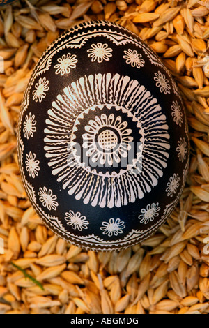 In traditional Hessian batik technique painted and dyed black easter egg Stock Photo