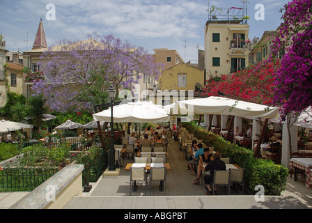 Old Town area of Corfu holiday island Jacaranda tree & Bougainvillea with diners under parasol shade in garden of a restaurant taverna business Greece Stock Photo