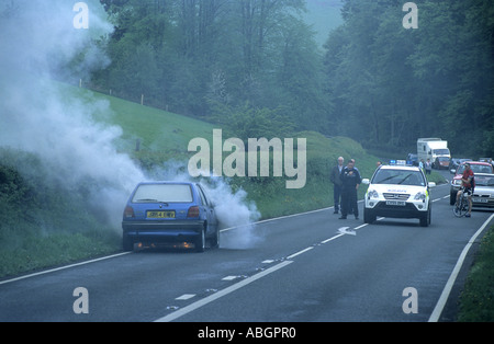 Car fire on A40 road, Powys, Wales, UK Stock Photo