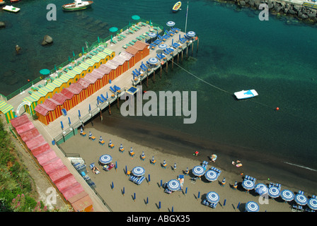 Sorrento coastal resort aerial view looking down on waterside beach sunbathing facilities early arrivals enjoying morning sunshine Stock Photo