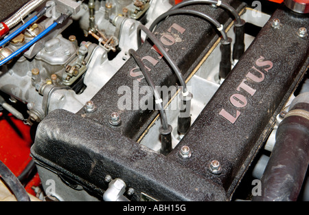 Rally prepared engine of Vintage Ford Lotus Cortina rally car at the Sweet Lamb Rally Complex Llangurig Powys Mid Wales UK Stock Photo