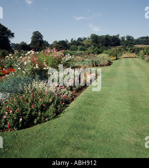 Perfect flowerbeds and neat striped lawns at Bicton College gardens Devon Stock Photo