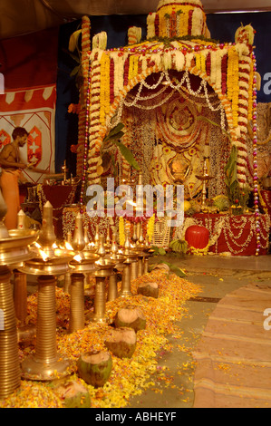 HMA78864 brass oil lamps at Ayyappa temple pooja Kerala India Stock Photo