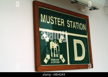 Safety signs on passenger decks of cruise ship showing muster station for lifeboats in the event of an emergency Stock Photo