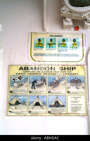 Safety sign on passenger decks cruise ship showing procedures for use of lifejackets life rafts in the event of an emergency Stock Photo