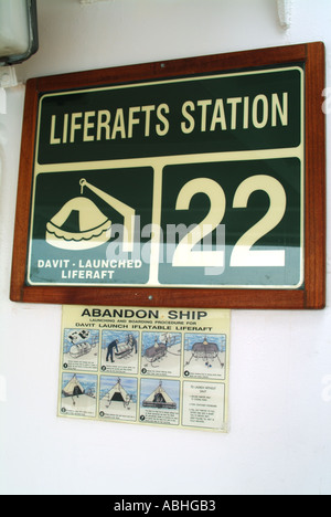 Safety sign on passenger decks cruise ship showing location of Liferaft station for use in an emergency Stock Photo