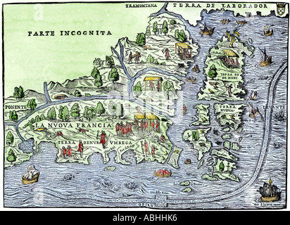 Map of New France in 1550 showing the coast of Canada and the Gulf of Saint Lawrence. Hand-colored woodcut Stock Photo