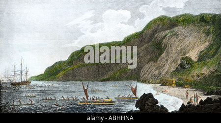 Captain James Cook with his ships in Kealakekua Bay in the Sandwich Islands where he was killed by natives in 1779. Hand-colored halftone Stock Photo