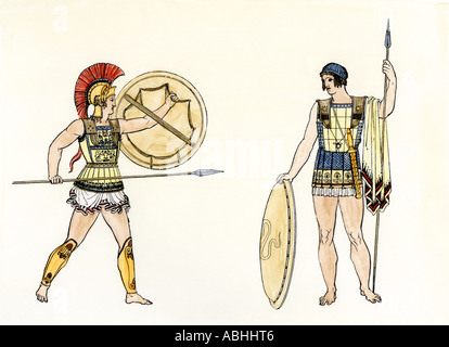 Ancient Greek soldiers. Hand-colored woodcut Stock Photo