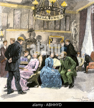 Reception in the dining-room of Toynbee Hall  England 1890s. Hand-colored woodcut Stock Photo