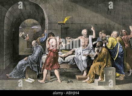 Suicide of Socrates by drinking poisonous hemlock. Hand-colored engraving of artwork by Jacques Louis David Stock Photo