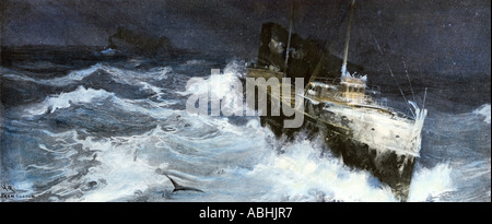Freighter struggling through a storm on Lake Superior circa 1900. Hand-colored halftone of an illustration