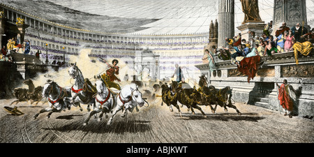 Chariots racing in the Circus Maximus of ancient Rome. Hand-colored woodcut Stock Photo