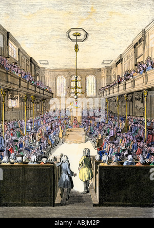 House of Commons in session during the reign of King George II. Hand-colored woodcut Stock Photo